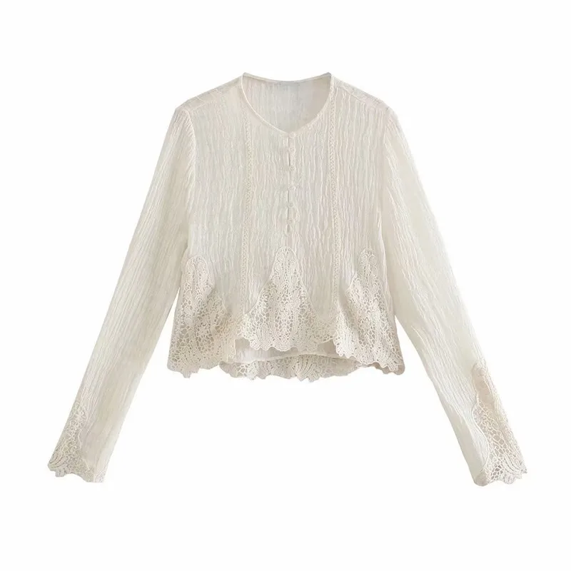 

Женская короткая блузка с длинным рукавом Za, повседневная текстурированная блузка с перфорацией, на пуговицах, с гипюровой аппликацией, вин...