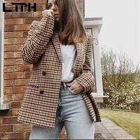 ltph vintage women blazers plaid blazer all match double breasted office ladies casual jackets long sleeve coat 2021 autumnnew