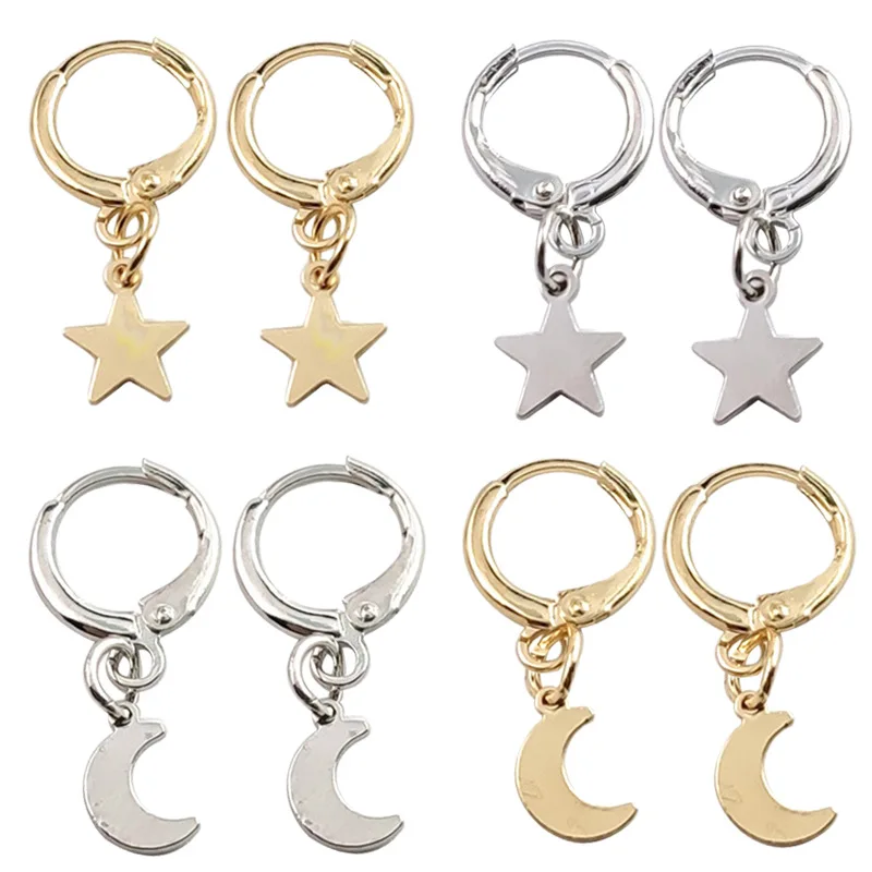 

Dayoff European Punk Gold Silver Color Star Moon Hoop Earrings for Women Men Simple Smooth Circle Earring Jewelry E80