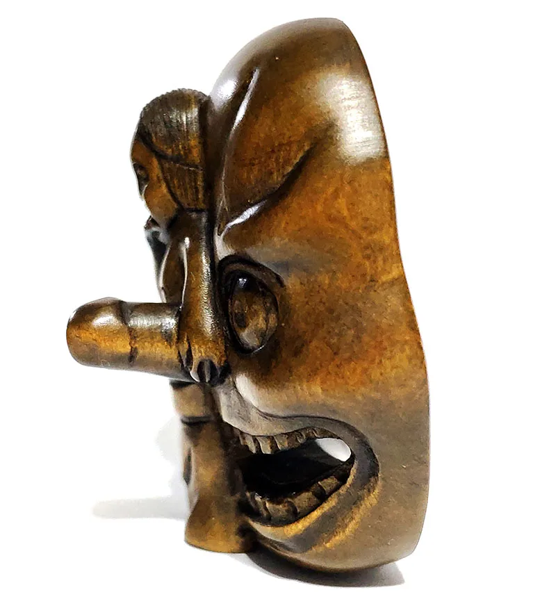 2 INCH Japanese Boxwood Hand Carved Netsuke Sculpture Miniature Man and Funny Mask - #ZY6365 | Figurines &amp Miniatures