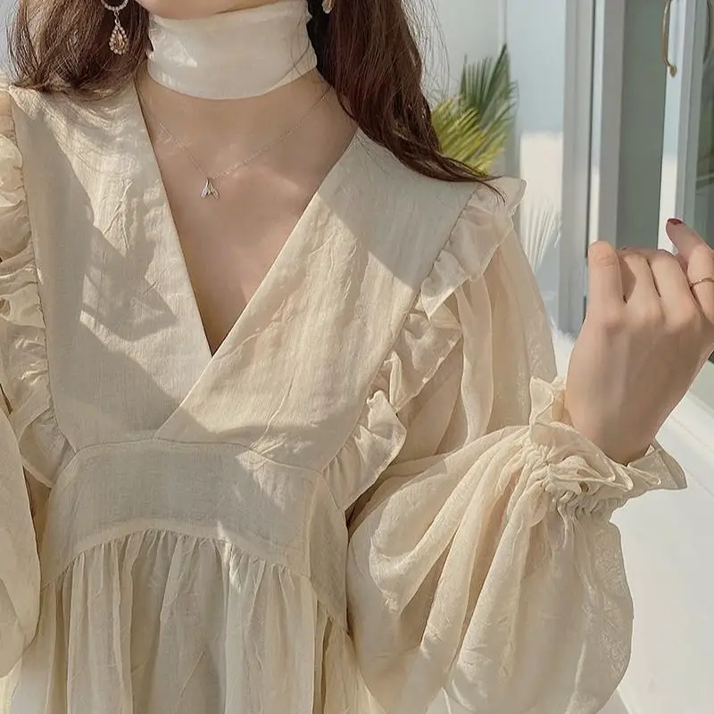

2021 Dress Solid Ulzzang Leisure Lovely Preppy Style Student Sweet Girl Chiffon Summer V-neck Retro Vintage Baggy Loose Maxi