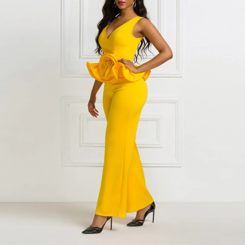 African Fashion Women Jumpsuit Plus Size S-2XL Solid Yellow Ruffles Party Long Jumpsuits Elegant Office Ladies Playsuit Rompers |