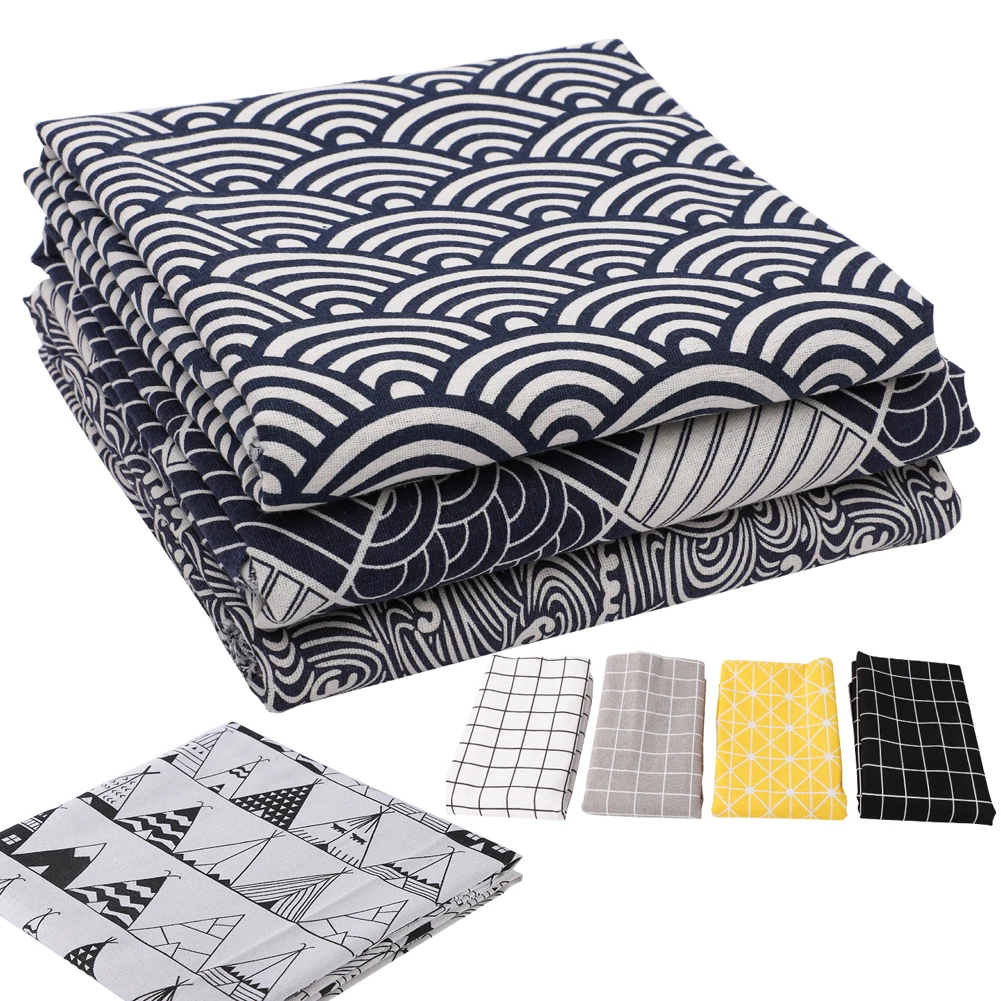 Льняная хлопчатобумажная ткань классическая сетчатая с японским принтом для