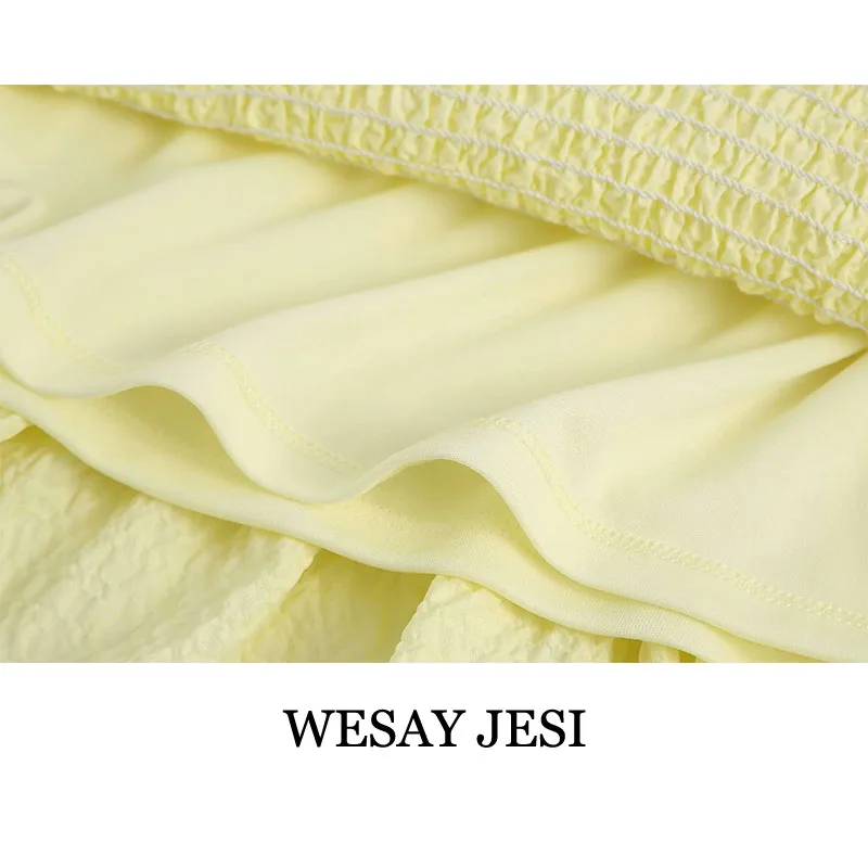 

WESAY JESI Summer Dresses For Women Casual Yellow Short Sleeve Dress Elegant Chic Ruffled Elastic Folds Textured Ladies Clothes