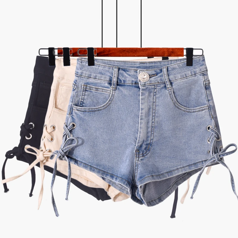 

Джинсовые шорты женские, синие, со шнуровкой сбоку, летние, черные, прямые, обтягивающие, однотонные, тянущиеся