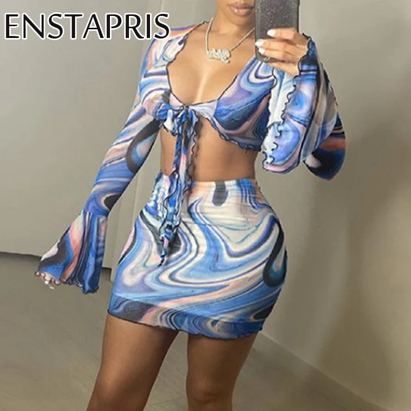 

Tie Dye Print Two Piece Set Women Skirt Sexy Front Knoted Long Flare Sleeve Top and Mini Skirts Suit Summer Outfits Tracksuit