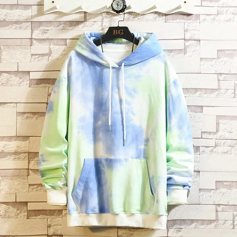 Толстовки мужские модные с принтом Tie Dye Повседневный хлопковый пуловер с капюшоном Мужская Уличная Джокер хип-хоп свободная толстовка мужская толстовка с капюшоном M-5XL - Цвет: Blue color