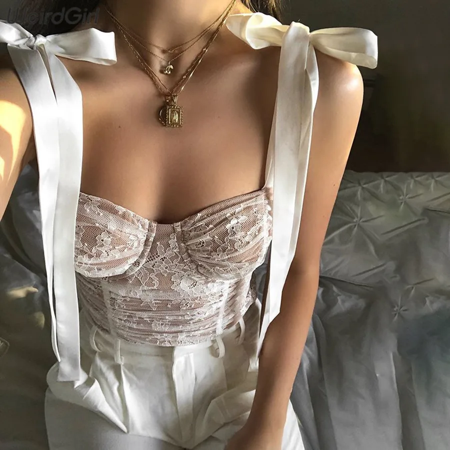 Whatiwear Для женщин бретели Sexy с лямкой на шее двойным бантом клуб кружевные