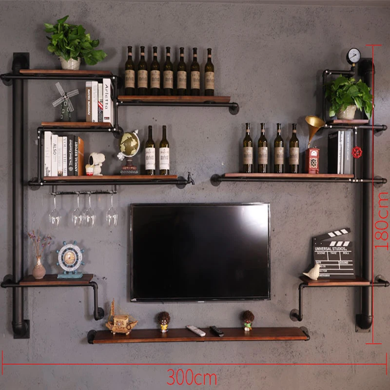 

House Decoration Art TV Cabinet Made Of Iron Pipes And Boards Creative Bottle Organizer for Wine Rack Storage & Display