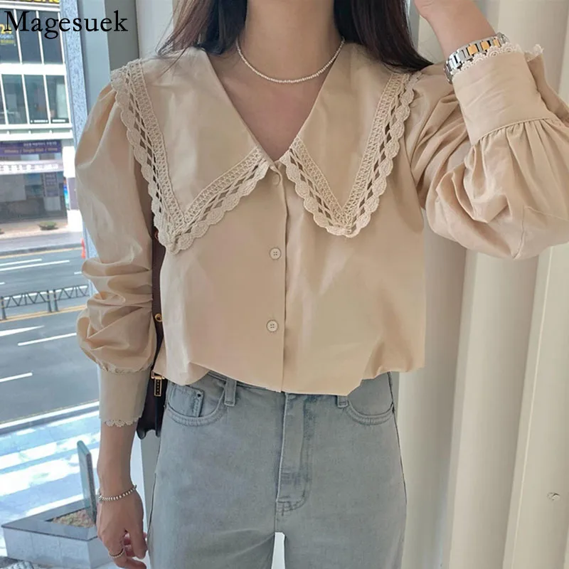 

Spring Hollow Out Lace Blouse Women Fashion V-neck Long Sleeve Women Shirts Sweet Lapel Korean Loose Shirt Tops New Blusas 16094
