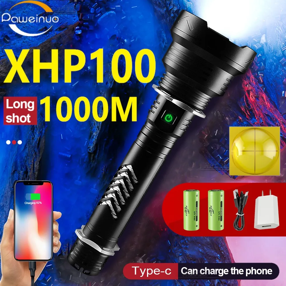 

Мощный светодиодный фонарик XHP100, 18650 лм, 26650, перезаряжаемые фонарики usb Type-C фонарь фонарик xhp70, фонарик xhp70, лампа xhp50