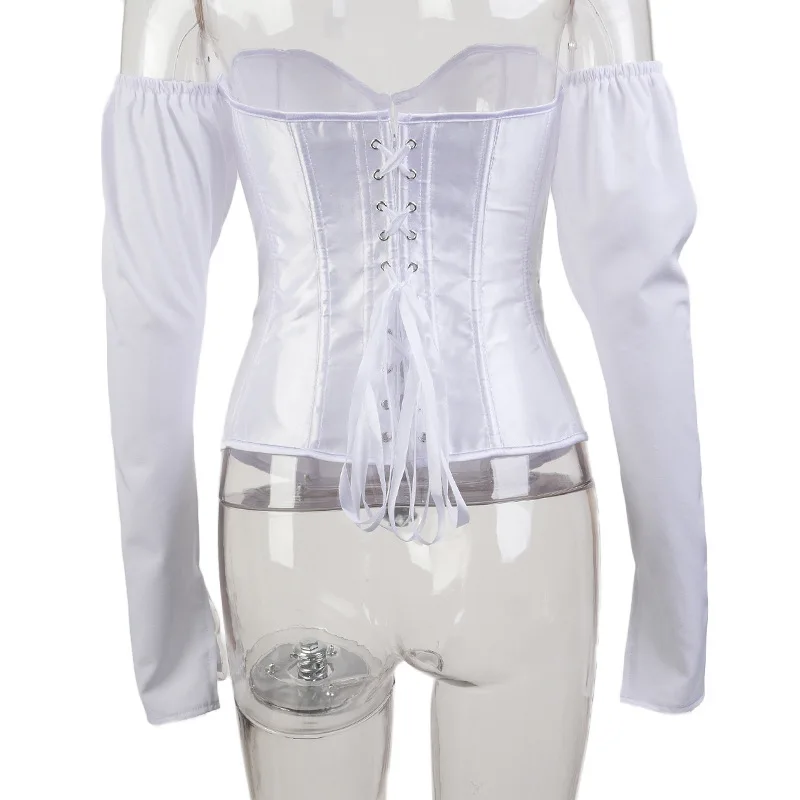 

Joskaa solid patchwork slash neck off shoulder Sexy bubble sleeve top backless lace up party night women's shirt leisure corset