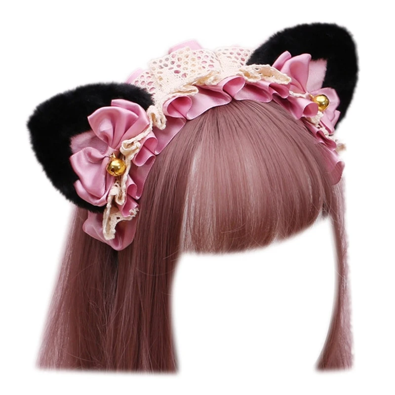 

Anime Lolita Cosplay Animal Headband Cute Plush Cat Ears Ruffled Lace Ribbon Bowknot Bell Hair Hoop Masquerade Headpiece