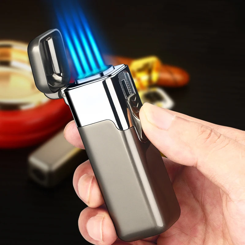 

Newest Four Straight Fire Lighter The Blue Flame Firepower Fierce Gas Lighter Metal Windproof Point Cigar Gadgets For Men Gift