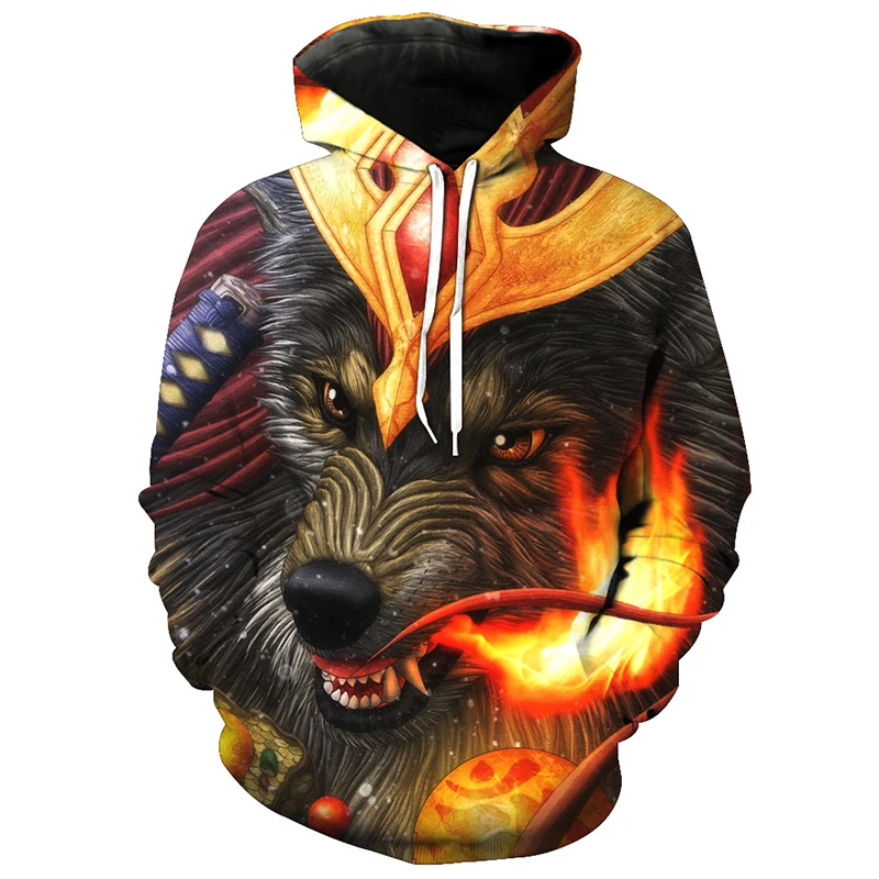 

Cloudstyle 2021 New 3D Men Hoodies Sweatshirts Fire Wolf Crown Double Side Print Fashion Spring Thin Pullover Plus Size Tops