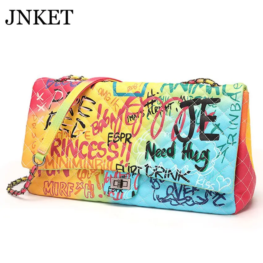JNKET New Women's Graffiti Chain Shoulder Bag Casual Crossbody Bags Ladies Sling Bag