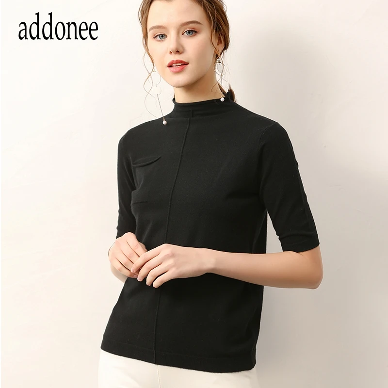 addonee Spring Summer 2019 High Elastic Knit O-Neck Women's Half-Sleeve Ice Silk Linen Slim Sweater | Женская одежда