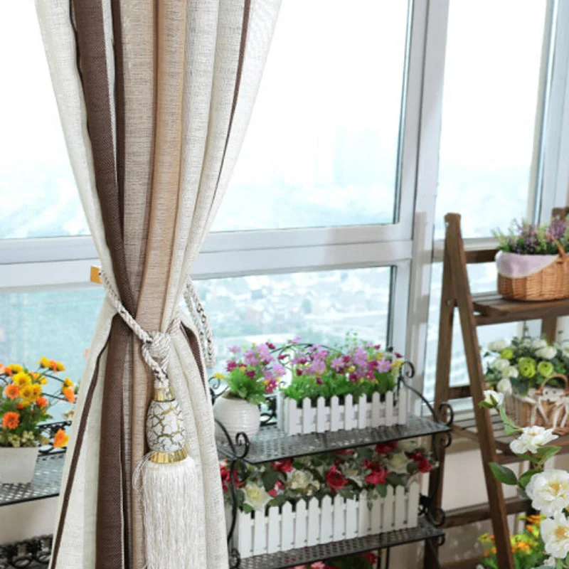 Кофейные полосатые занавески с бахромой из пряжи льняные коричневые ткань для