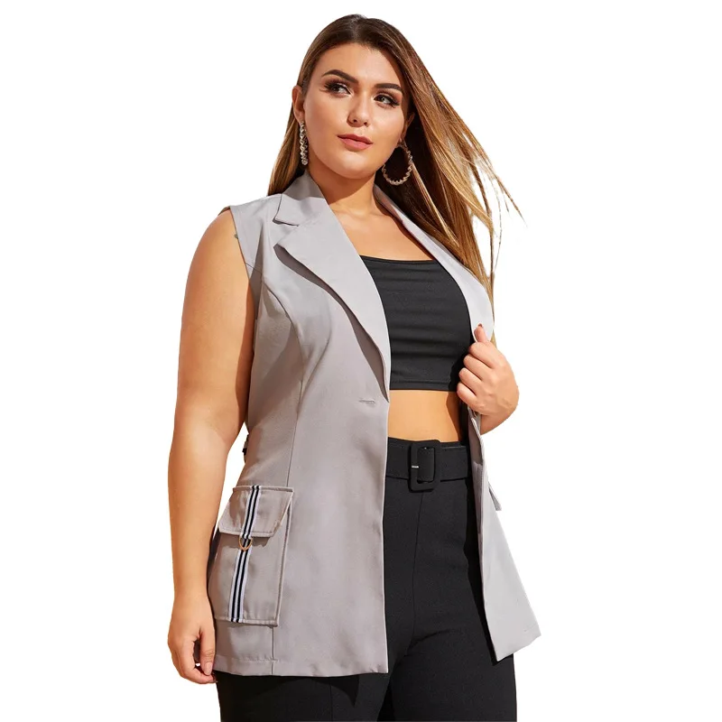 

DOIB Women Sleeveless Tank Grey Business Suit Vest Plus Size Pocket Western-style Clothes 2020 Autumn Fashion Vest