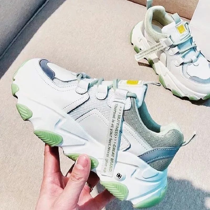 

2021 Spring Women White Sneakers Mesh Patchwork Dad Shoes Casual Thick Heel Shoes Designer Breathable Running Platform Sneakers