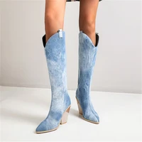 blue white faux leather women knee high boots pointed toe boots women long chunky block high heel boots western cowboy boots