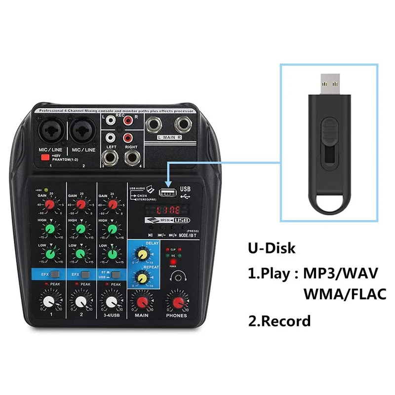 4-канальный аудиомикшер звуковая микшерная консоль с Bluetooth и USB-записью 48 В