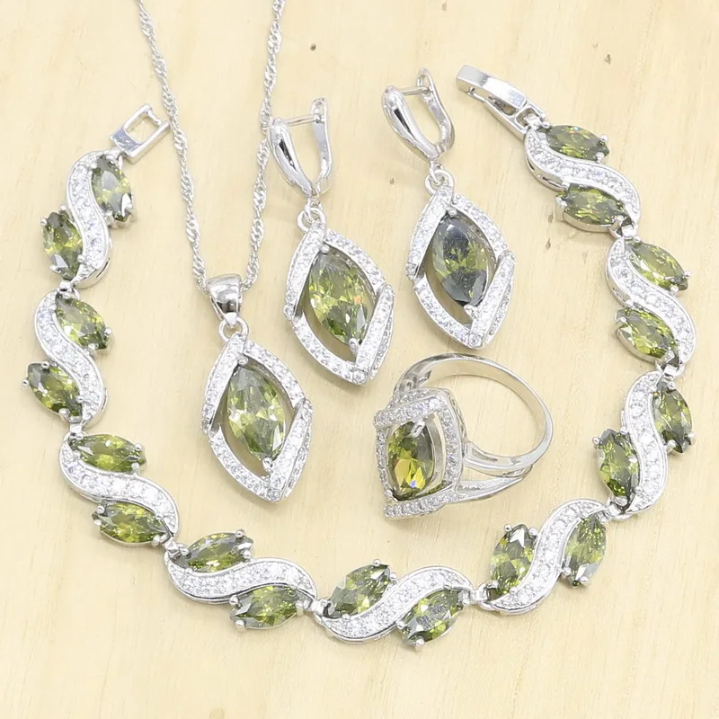 Noble 925 Silver Jewelry Sets For Women Olive Green Semi-precious Stones Ring Earrings Pendant Necklace Bracelet Christmas Gift | Украшения