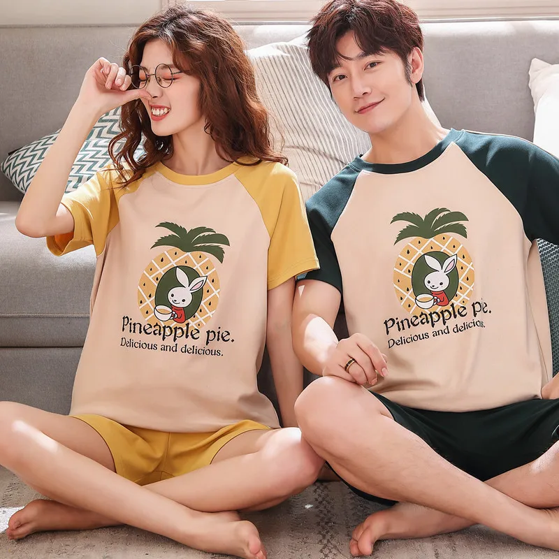 

2021 Summer Couple Pajamas Women Short-sleeved Sleepwear Cartoon Cute Sleep Romper Kaeva Pajamas Home Service Pajama Set