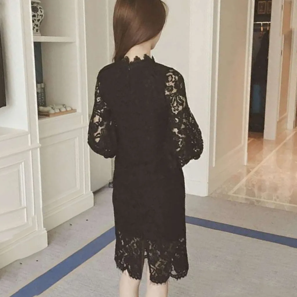 Plus Size Elegant Lace Women Dress Casual Ladies Long Sleeve O-Neck Floral Slim Mid Sexy Party Vestidos z1218# | Женская одежда