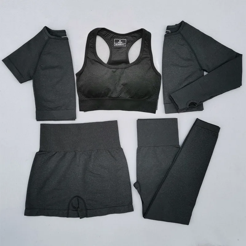 

2021 New Women Yoga Sets 2/3/5PCS Seamless Long Sleeve Crop Top High Waist Gym Fitness Leggings Workout Sportswear Sport Suit