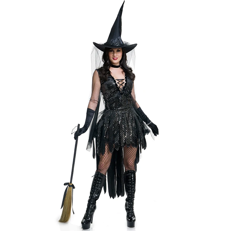 

Lady Evil Witch Costume Sequins Tulle Asymmetrical Magic Sorceress Role Play Cosplay Fancy Party Dress Carnival Halloween