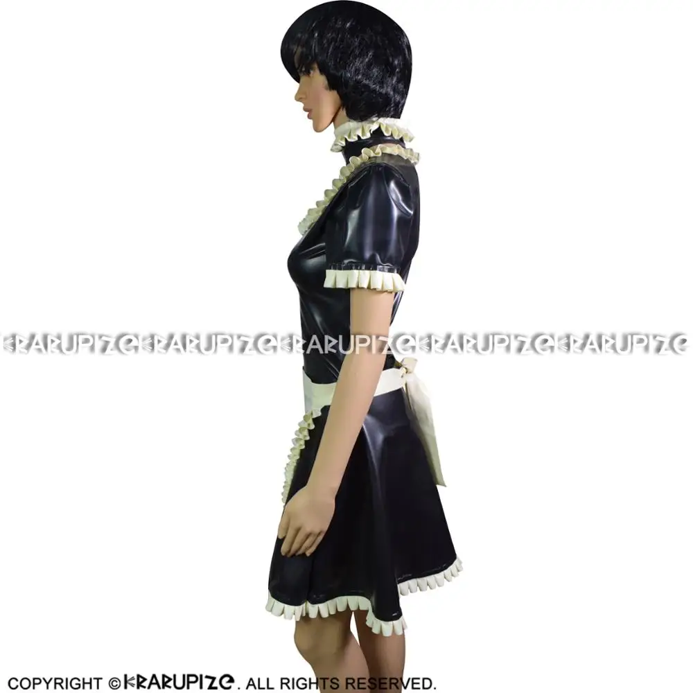 Kaufen Sexy Französisch Maid Latex Kleid Mit Schlitze Auf Der Vorderseite Böden Und Weiß Schürze Zipper Zurück Gummi Uniform Bodycon Overall LYQ-0130