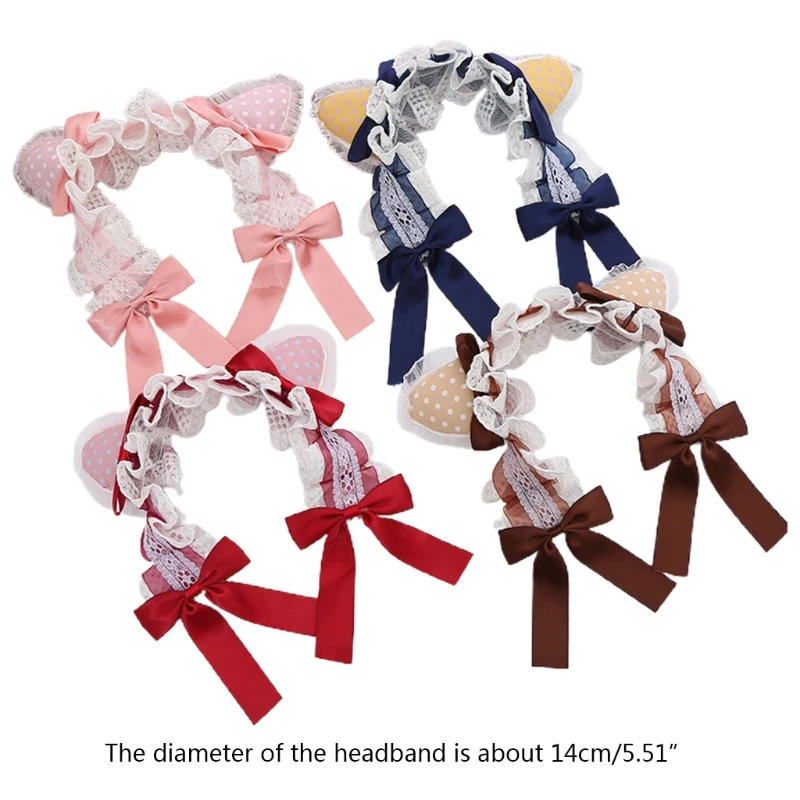 

Womens Lolita Hair Ornaments Set Dot Plaid Ears Headbands Ribbon Bowknot Ruffles Lace Hair Hoops Cosplay Fancy Props