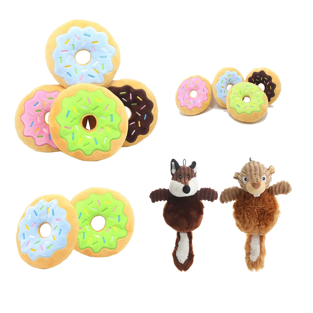 Жевательная игрушка для собак плюшевая мягкая белка в виде пончика лиса пищащие