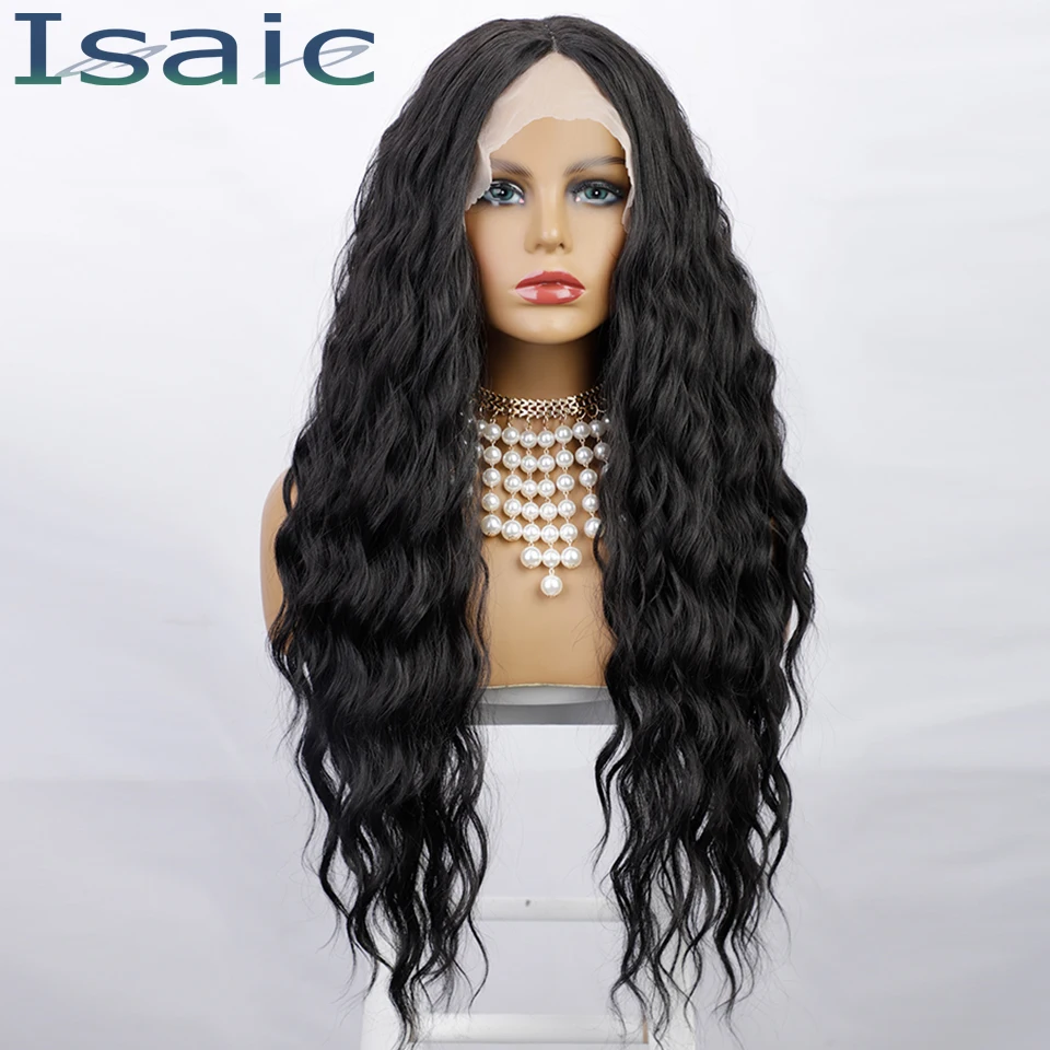 

Синтетический длинный волнистый парик isaaa для черных женщин, парики на сетке черного цвета с средней частью, парик выглядит естественной те...