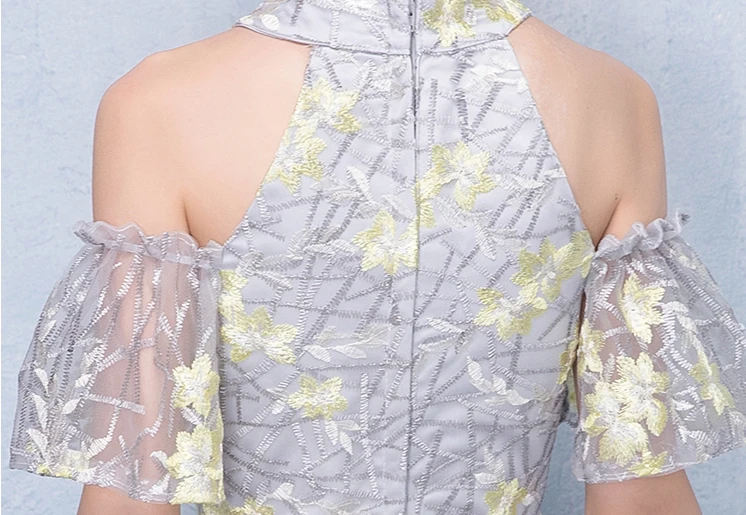 Женское короткое платье с лямкой на шее серое Сетчатое коротким рукавом и