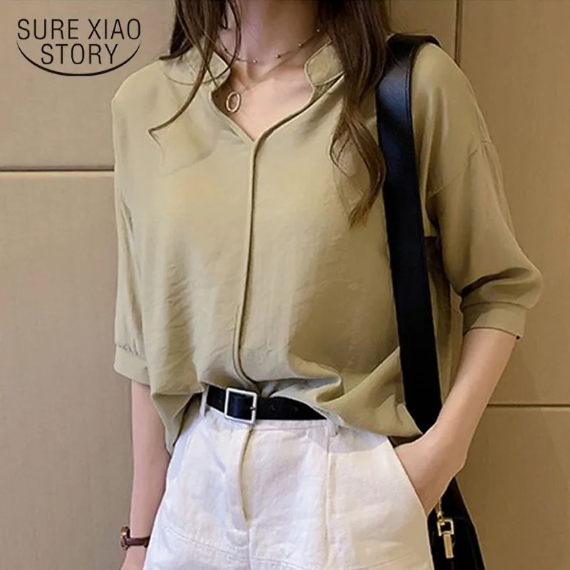 

Женская шифоновая рубашка, с полурукавами, свободная, однотонная, повседневная, для офиса, лето-осень, офисная одежда для женщин, 11385