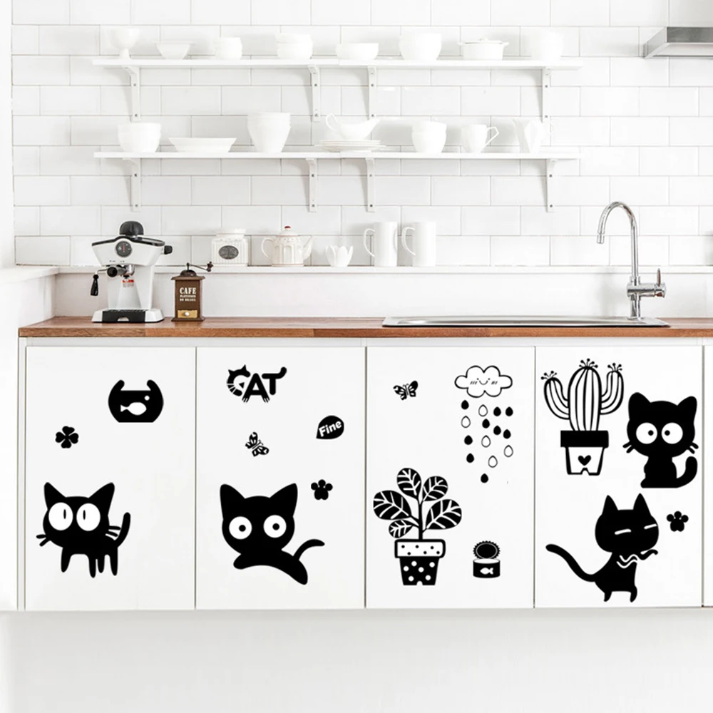 

Popular Van Gogh new Nordic ins wall stickers Fresh rain potted kitten cartoon creative home decoration wall stickers