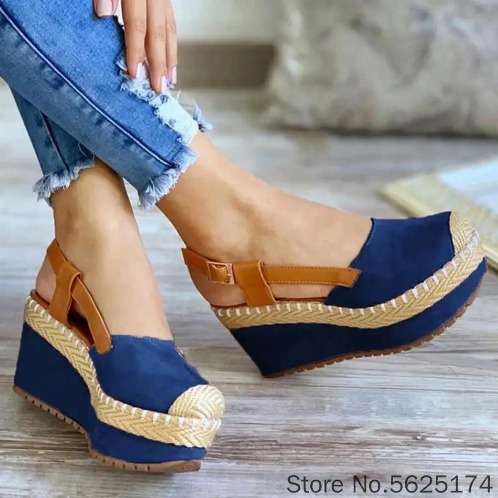 

Women's Wedge heel straw sandals middle heel baotou buckle Summer Ladies Beach Sandals Plus Size High Heel Female Shoes