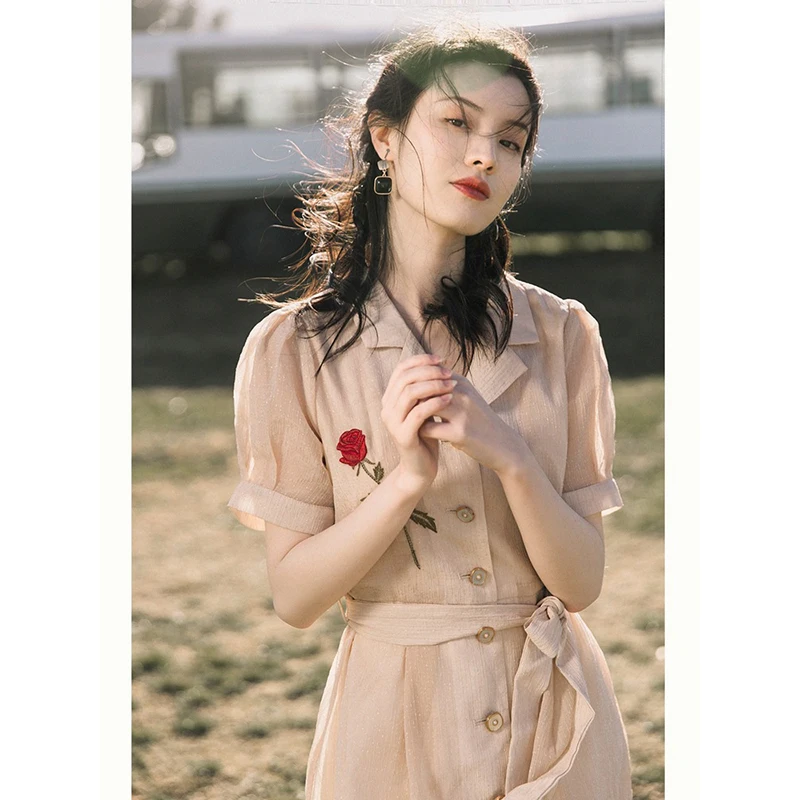 

French Style Vintage Dress Women Lapel Puff Sleeve Slim Elegant Dresses Women 21 Summer Flower Print Chic Vestido Female LD2108