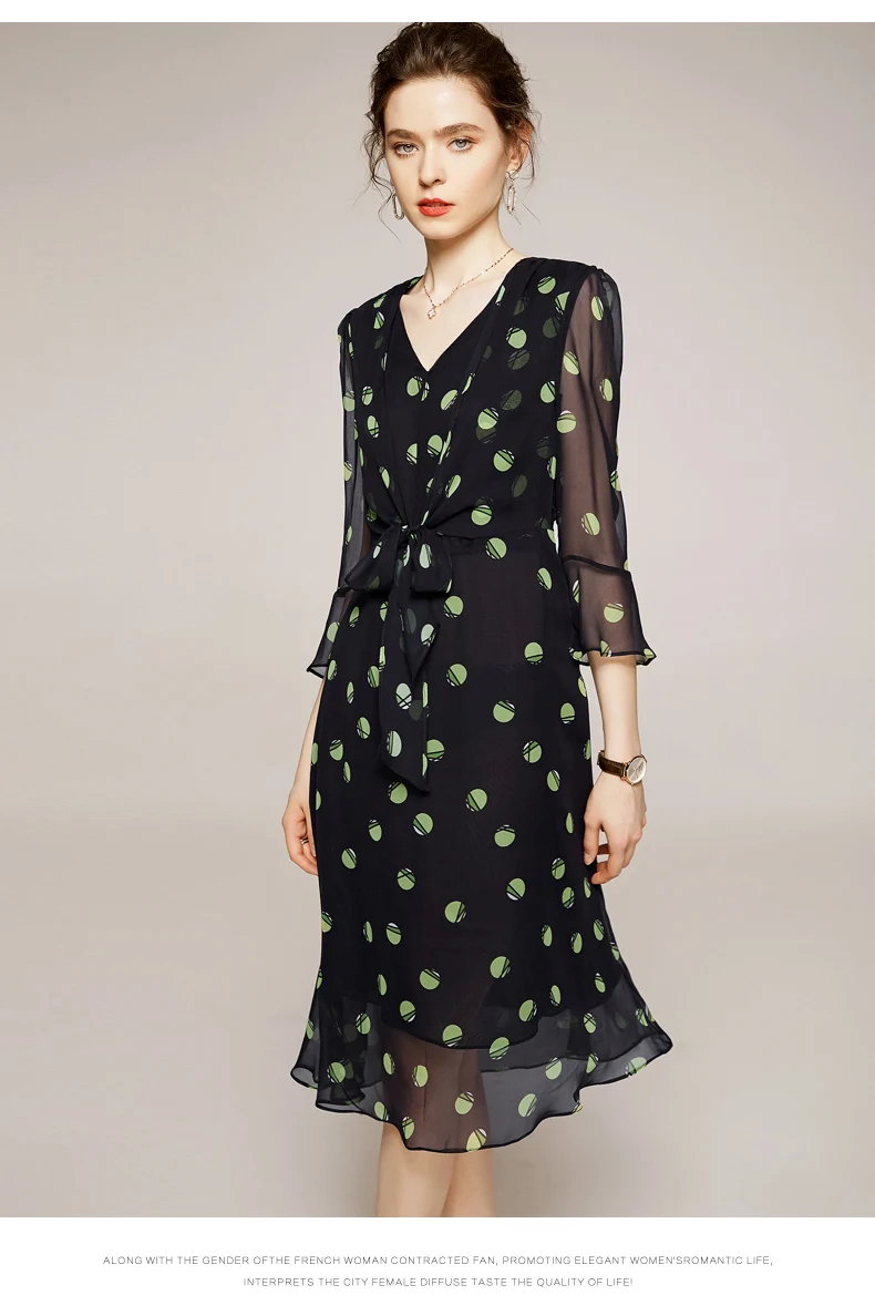 

100% Silk Women's Runway Dress Sexy V Neck 3/4 Sleeves Printed Sash Belt Fashion Casual Dresses