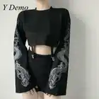 Женская футболка с круглым вырезом Y Demo, Готическая Футболка с принтом дракона, короткий топ в стиле Харадзюку с рукавами-фонариками и пряжкой, 2020