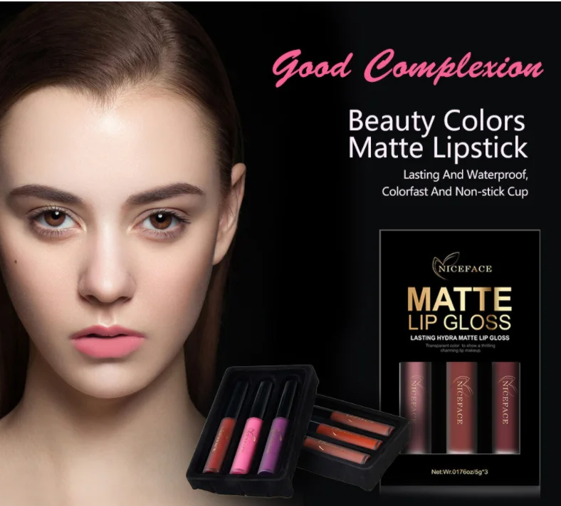 

3-Color Set Lip Gloss Matte Fog Surface Non-stick Cup Liquid Lipstick Hot Selling