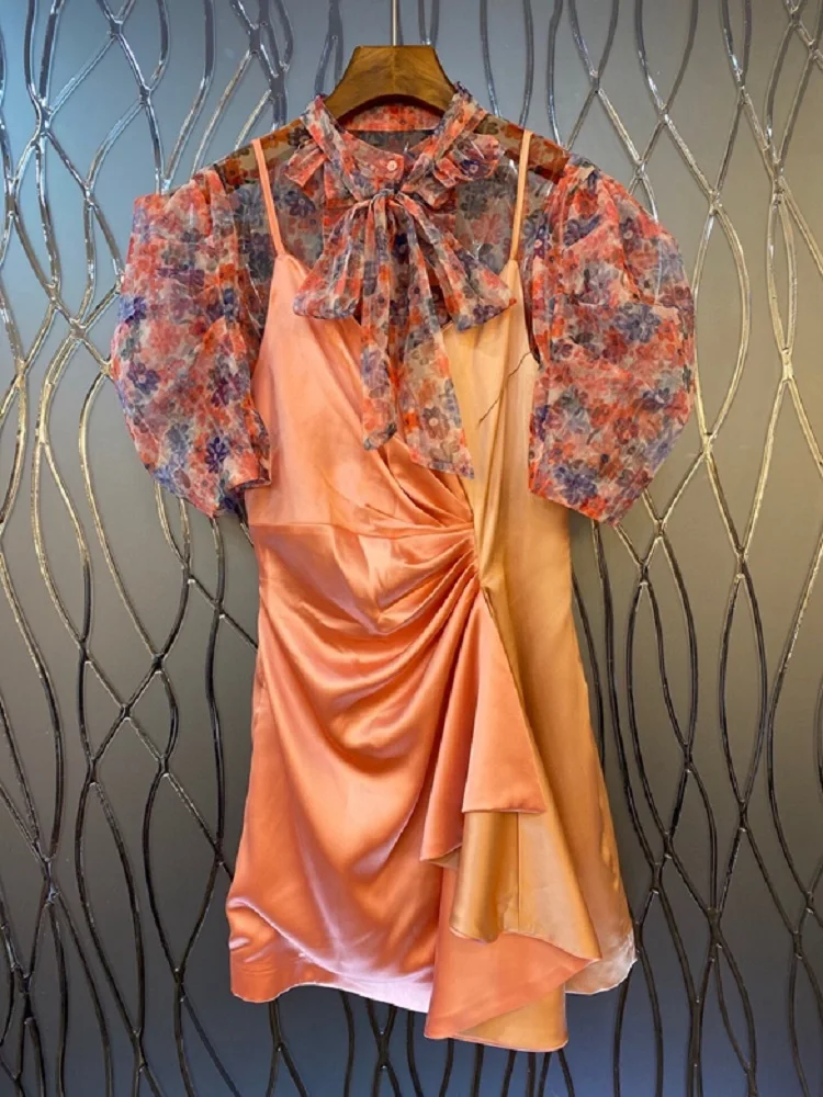 

High Quality Women's 2020 Summer Sexy Suit Ladies Bow Collar Short Sleeve Tops Shirt+Sexy Ruffle Strap Dress Set 2pc