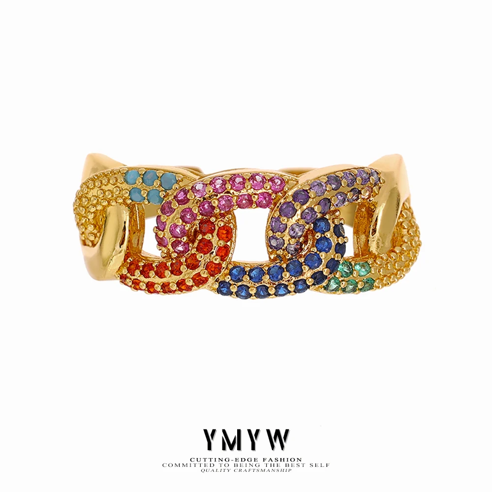 

YMYW Colorful Cubic Zirconia Opening Ring Geometric Copper Metal 14 K Female Finger Ring Fashion Jewelry For Women Wedding Gift