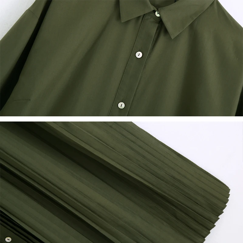 

Casual Women Pleated Maxi dress 2020 New Army Green Turn down collar Female long sleeve shirt dress ladies Fashion YNZZU YD482