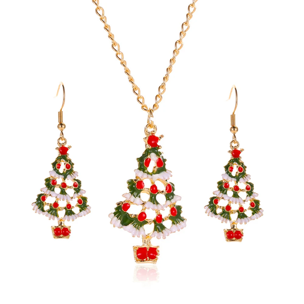

Christmas Jewelry Set Cute America Style Acrylic Gold Plated Long Chain Necklace Christmas Tree Dangle Earrings Set
