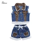 Детский джинсовый комплект из 2 предметов, однобортный жилет с леопардовым отворотом и кружевными рваными шортами с эластичной талией, лето 2020