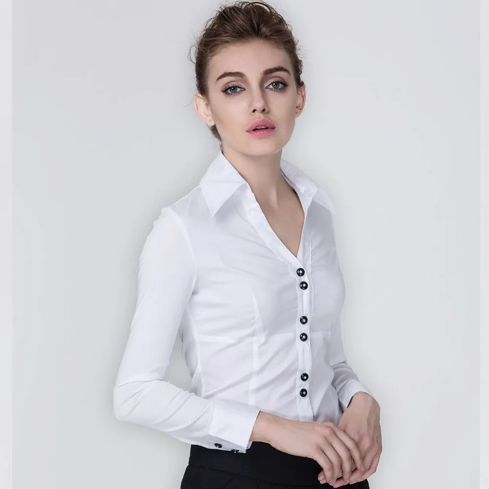 Spring And Summer Slim V-Neck Black Diamond Button Ladies Shirt Solid Color Long Sleeve Shirts Women Tops Fashion New Blouses
