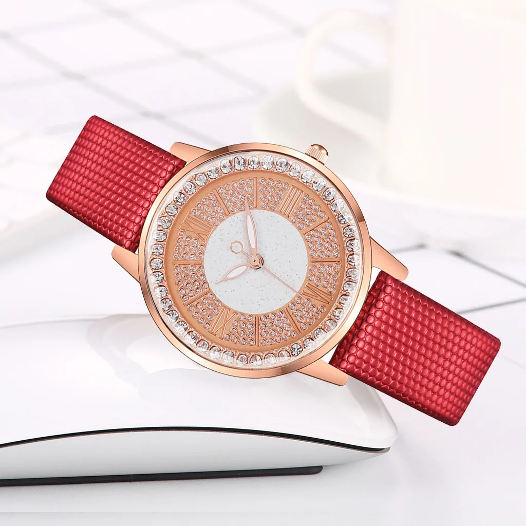 Ladies Casual Watch Women Rose gold dial Leather Strap Quartz Wristwatches Luxury Brand Women's diamond Fashion Bracelet Clock | Наручные